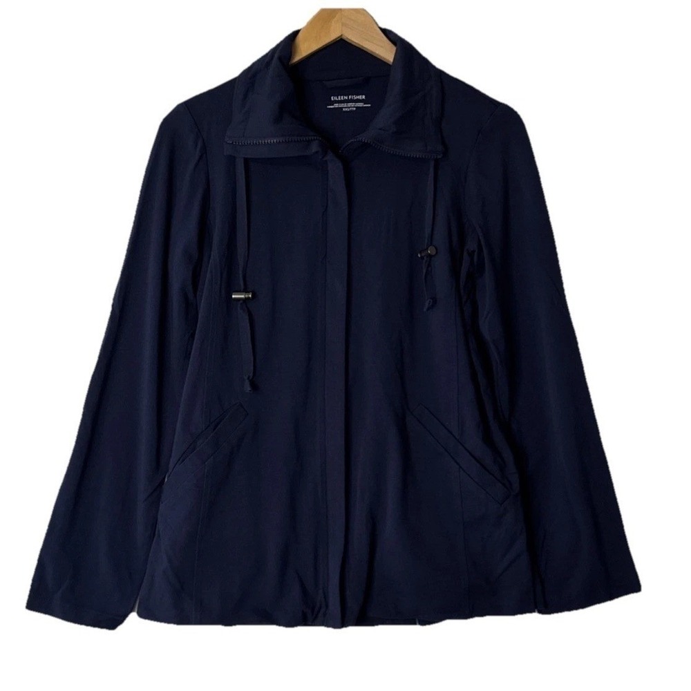 Eileen Fisher Jacket Women XXS Navy Blue Organic Cotton Zip Funnel Neck Utility